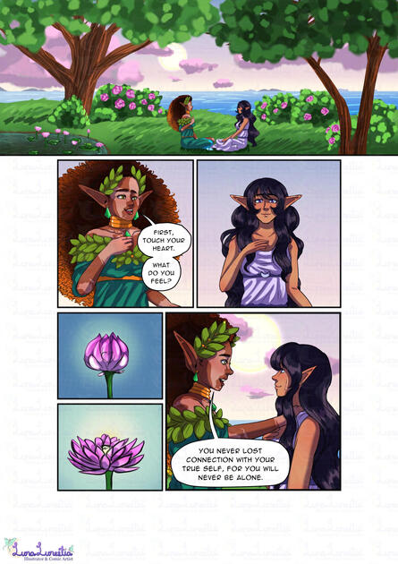 A series of 6 panels with an establishing shot in the first panel. In the garden, Terra and Luna sat on the grass during a pink dawn, touching their hearts as Terra guided Luna, "First, touch your heart. What do you feel?" A lotus bloo
