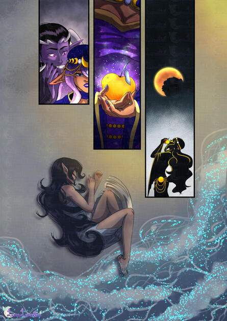 A four panel comic page showing a purple-skinned elf-like being whispering into Luna's ear. In her hands is a golden apple and she bites into it. The moon was eaten and she falls into the sea, washing ashore, her hair now black strands instead of it's magi